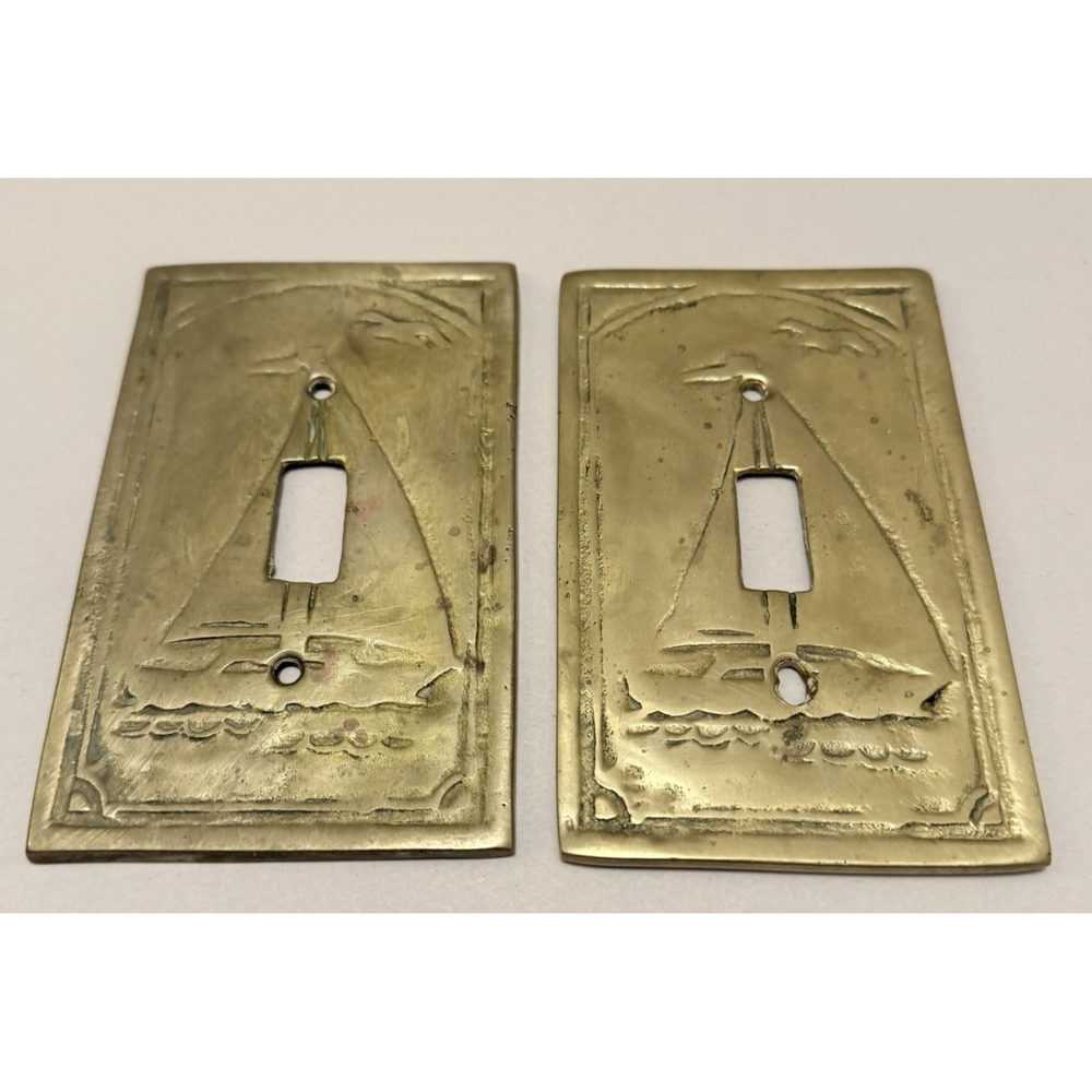 VTG Brass Sailboat Light Switch Plate Wall Cover Nautical Coastal Rustic 2 PC